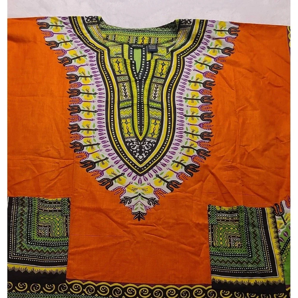 Jackpot Dashiki Shirt Orange‎ Cotton African Print V-Neck Tunic One Size OSFM